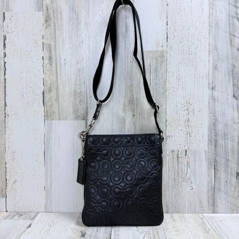 Authentic COACH Black Embossed Leather Op Art Crossbody Flight Bag